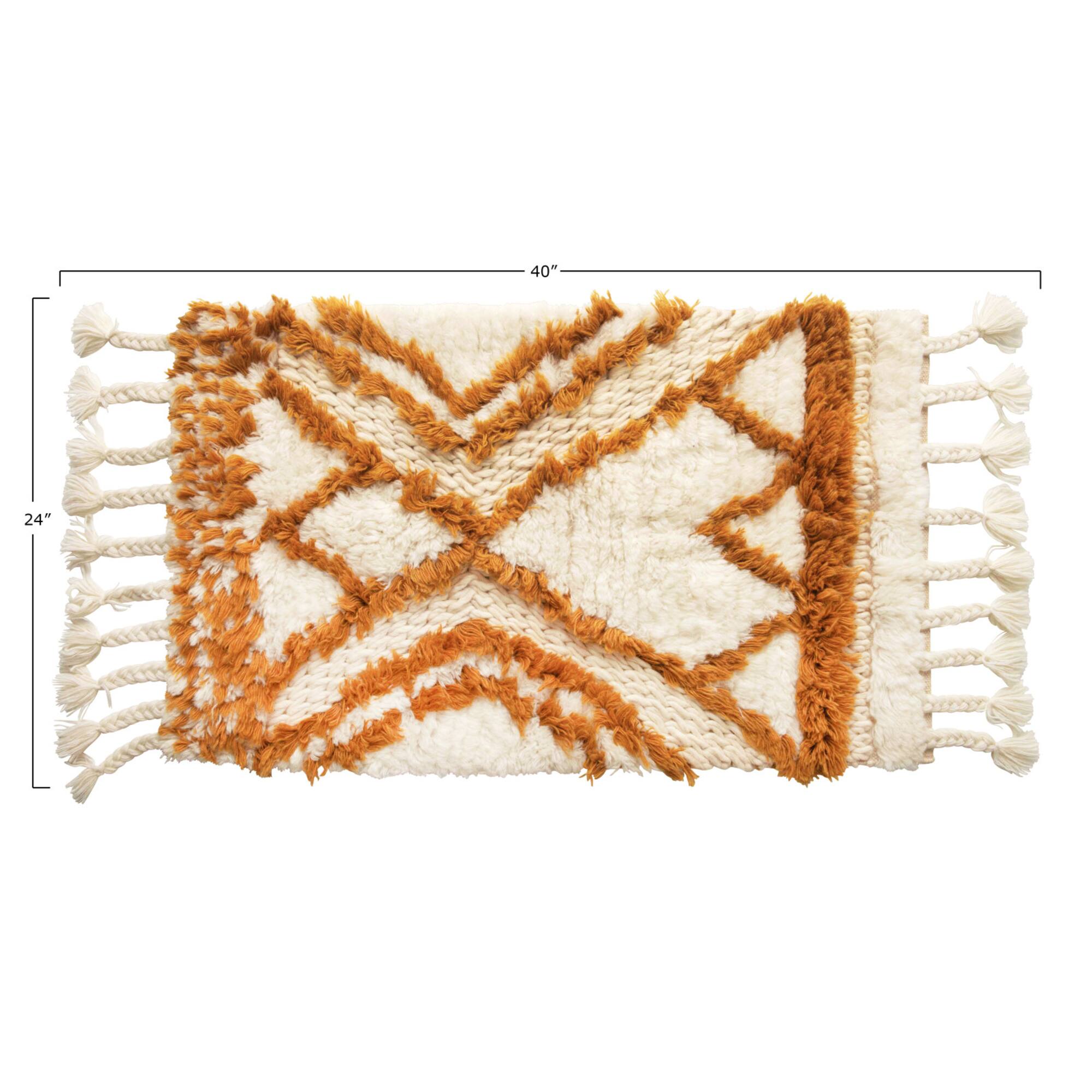 Wool Tufted Patterned Rug with Braided Tassels, 24" x 40"